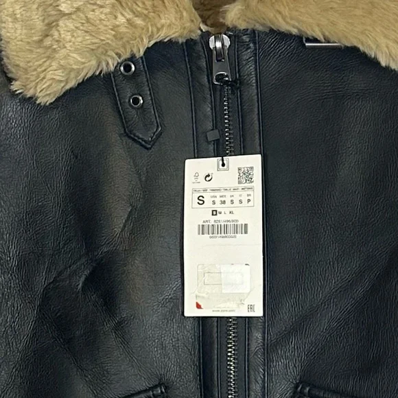 Zara Black Leather Jacket with Tan Faux Fur Collar - Picture 2 of 12
